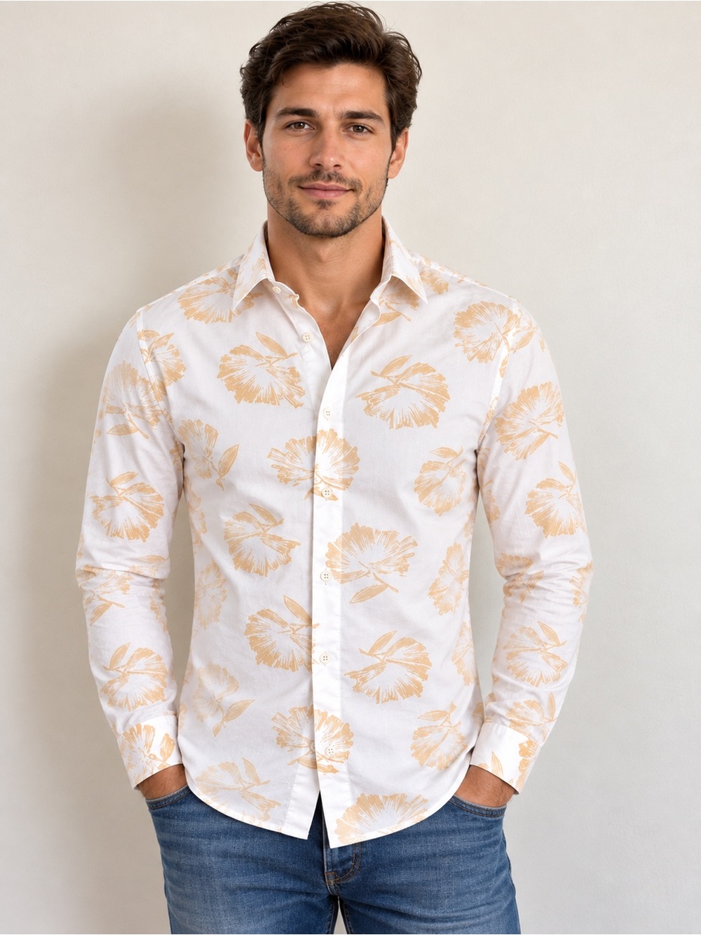 Express 1MX Men’s XS Slim Fit White Beige Floral Long Sleeve Button Up Shirt